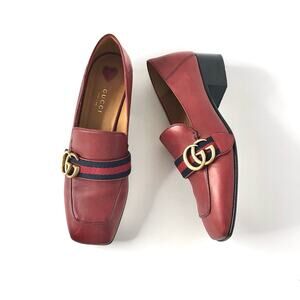Gucci Peyton Web Stripe Hibiscus Red GG Platform Loafers 37